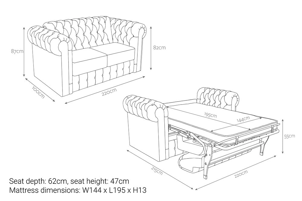 Jay-Be Chesterfield 3 Seater Sofa Bed with Deep e-Sprung™ Mattress Dimensions-Better Bed Company