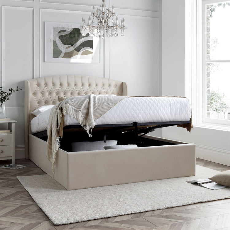 Bedmaster Warwick Wing Velvet Ottoman Bed Natural Open-Better Bed Company