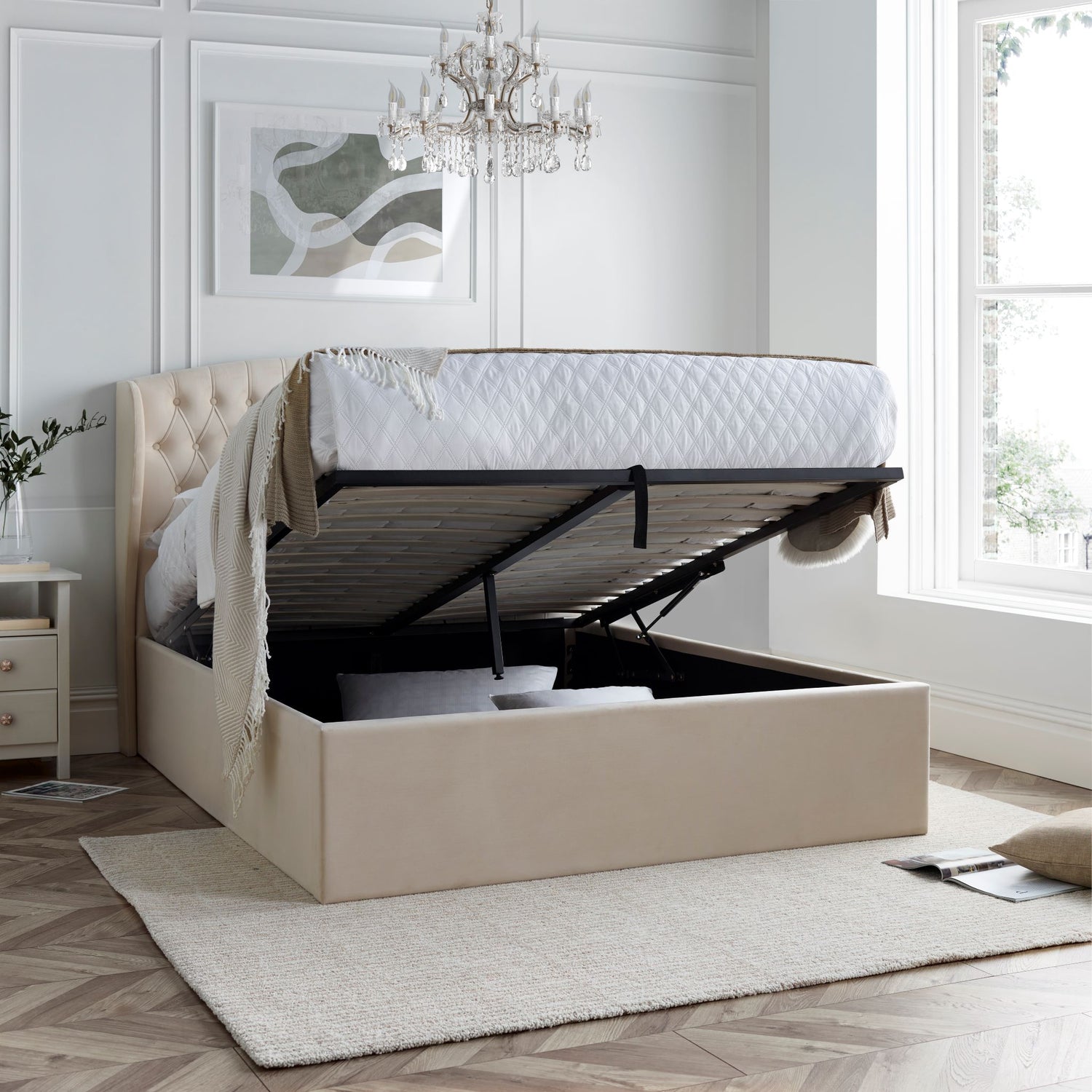 Bedmaster Warwick Wing Velvet Ottoman Bed Natural Inside Base-Better Bed Company