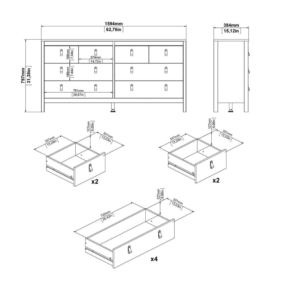 Furniture To Go Barcelona Double Dresser 4+4 Drawers Internal Dimensions-Better Bed Company