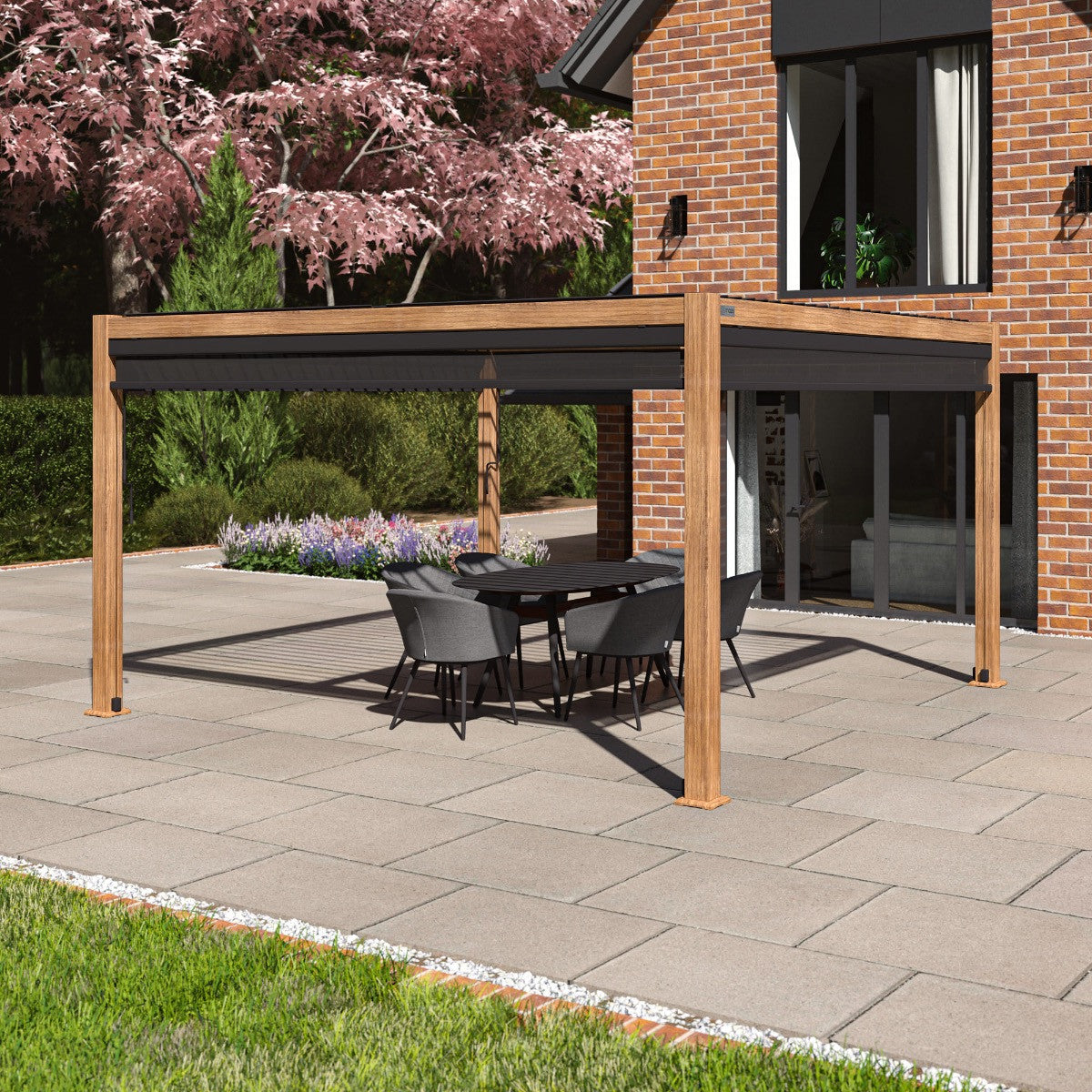 Maze Como Pergola Aluminium Square 40x40 / Wood Effect Frame / 4xBlinds With Furniture-Better Bed Company