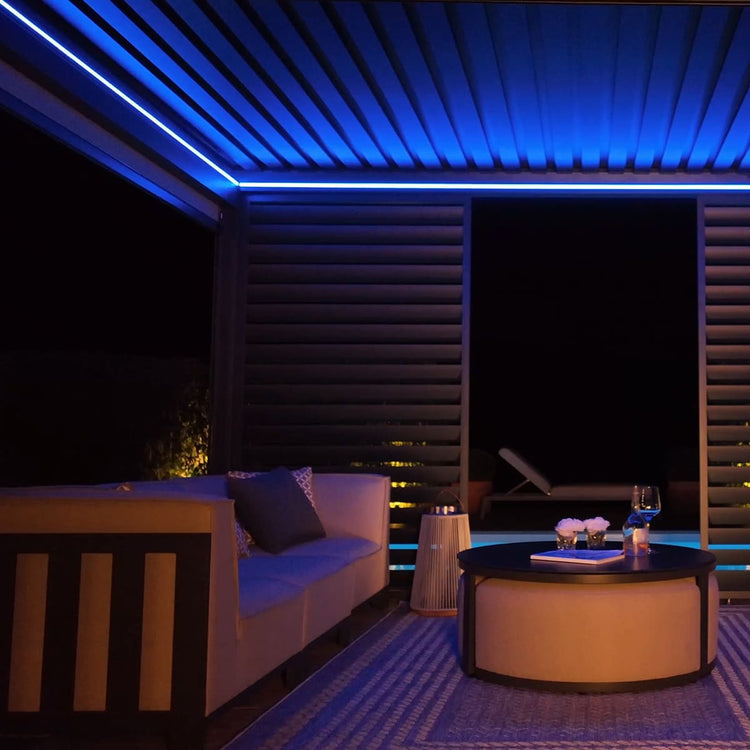 Maze Eden Pergola Aluminium Square 40x40 / Louvre Wall 4m / 3x Blinds Dark Blue Lights On-Better Bed Company