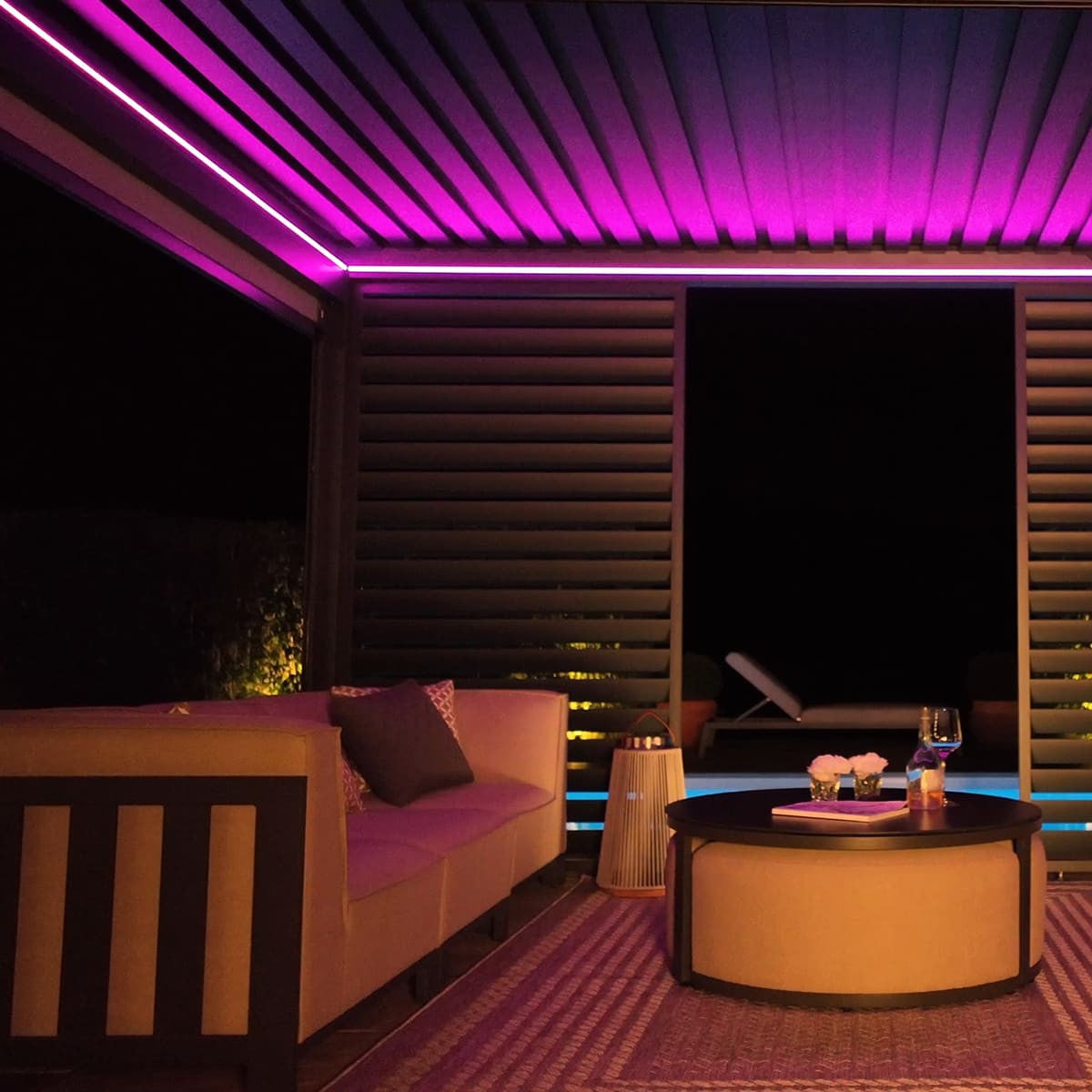 Maze Eden Pergola Aluminium Square 40x40 / Louvre Wall 4m / 3x Blinds Purple Lights On-Better Bed Company