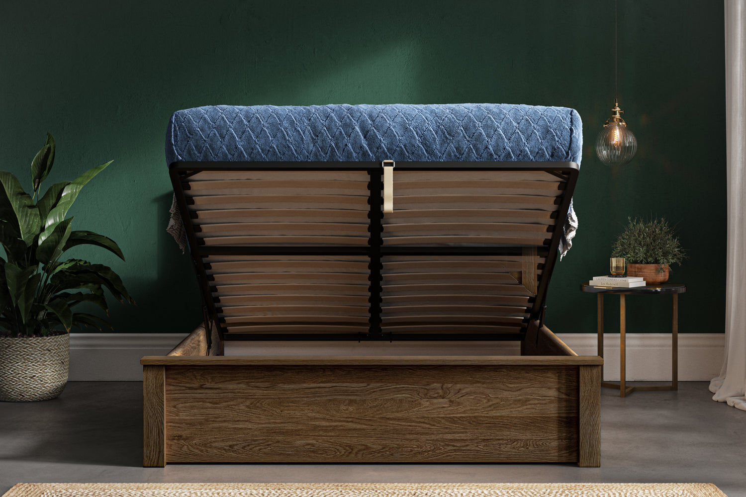 Jameston Solid Oak Ottoman Bed Dark Oak Open-Better Bed Company