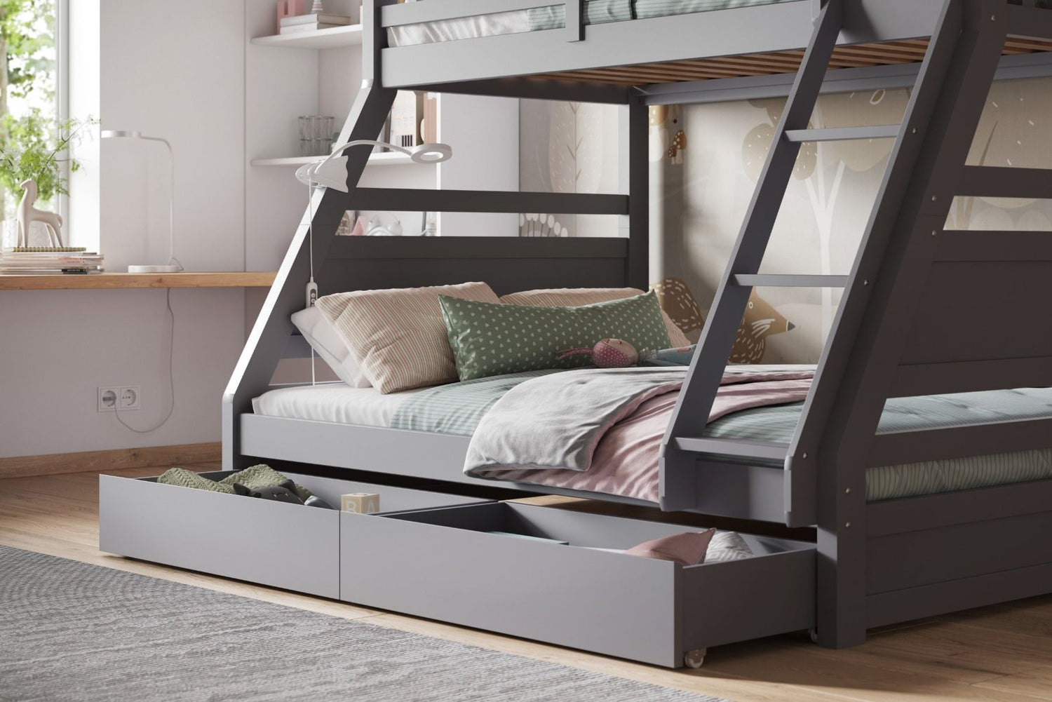 Better Triple Bunk Bed Grey Drawers Open-Better Bed Company