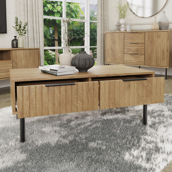 GFW Nervata Coffee Table Oak Drawers Open-Better Bed Company